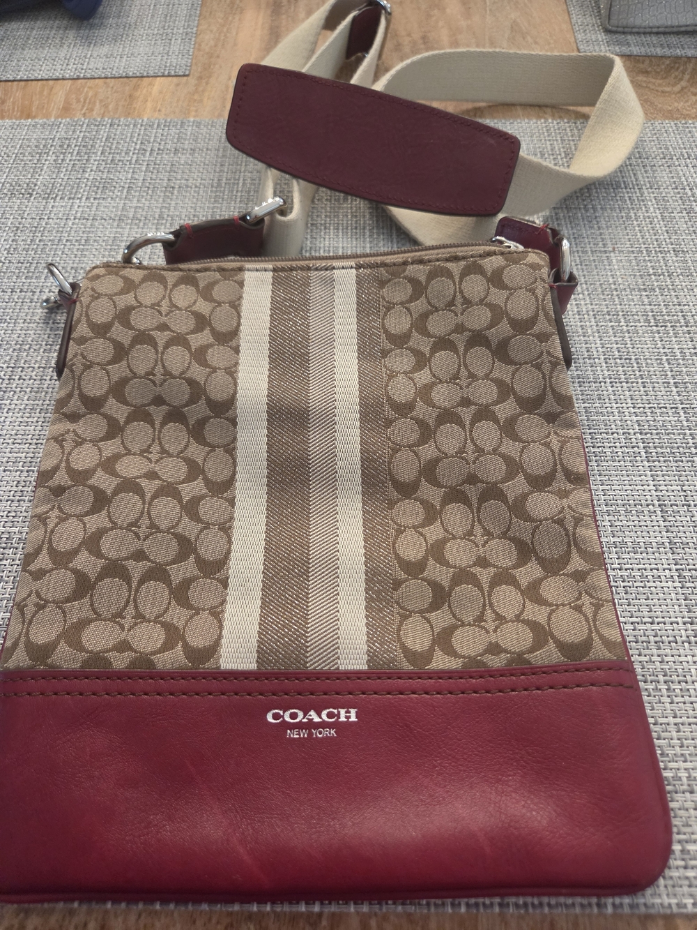 Coach Women’s Signature Canvas Crossbody Bag in Tan & Burgundy